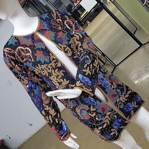 Vintage Tan-Chho 100% Pure Silk Long Beaded Jacket Sequin Embellished Duster